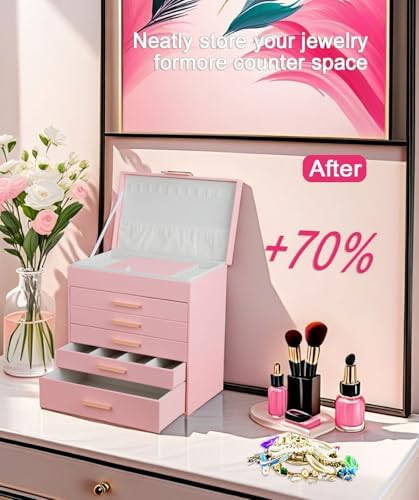 BOOVO Jewelry Boxes for Women, White and Black 6 Layer Large Jewelry Box for Necklace, Bracelet, Earrings, Rings Storage, Jewelry holder Organizer for Girls Gift (Pink, 6 layer)