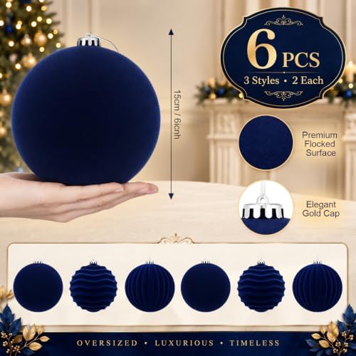 Hollowfly 6 pcs 6 Inch Navy Blue Large Velvet Christmas Balls Ornaments