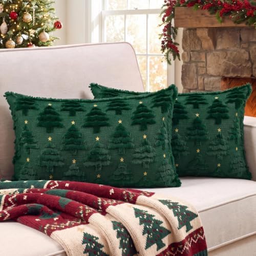 Softalker Christmas Pillow Covers 12x20 Set of 2, Green Lumbar Pillows