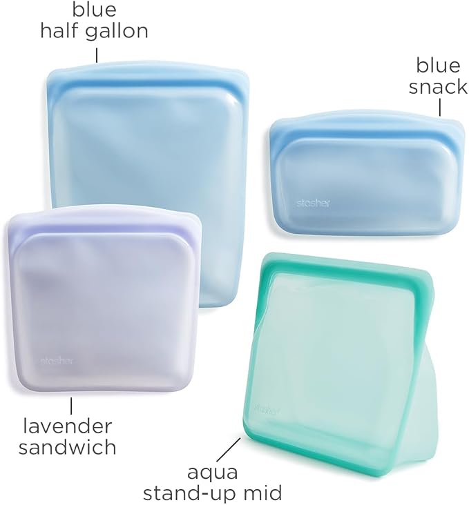 Stasher Premium Reusable Silicone Food Storage Bags, 4-Pack, Multicolor | Food-Safe Silicone, BPA-Free, Leak-Free, Eco-Friendly, Dishwasher, Lunch Bag, Travel Containers, Meal Prep, Lunch, Travel
