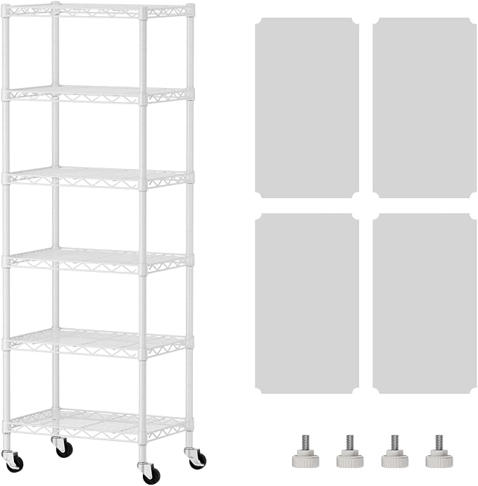 SINGAYE 6 Shelves Storage Shelf Wire Shelving Unit Metal Adjustable Wheels | Small Shelf Storage with Wheels Organizers Closet Unit for Bathroom Laundry Room Kitchen Pantry11.5D x 17.5W x 61.5H White