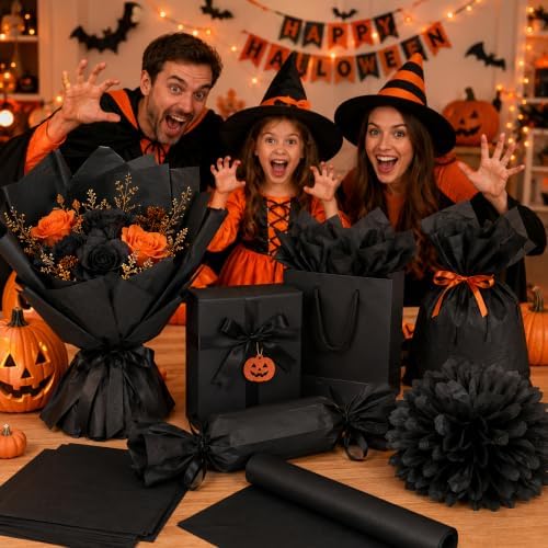 Black Tissue Paper - 100 Sheets Gift Wrapping Paper for Halloween Decor