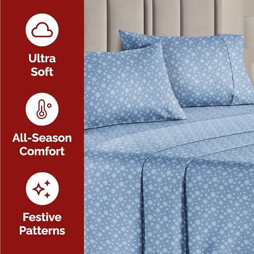 Christmas Sheet Set, Blue Snowflakes, Holiday Xmas Bedding Set - Twin XL