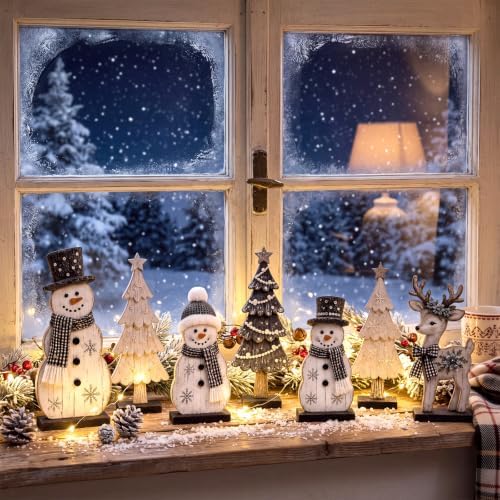 7 Pcs Christmas Table Decor Wooden Snowman Tree Deer Decor, Black,White