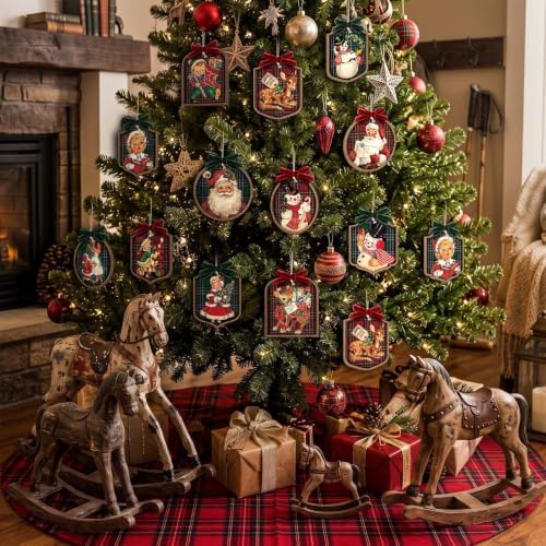 Huwena 36 Pcs Vintage Christmas Tree Ornaments, Plaid, Red Green