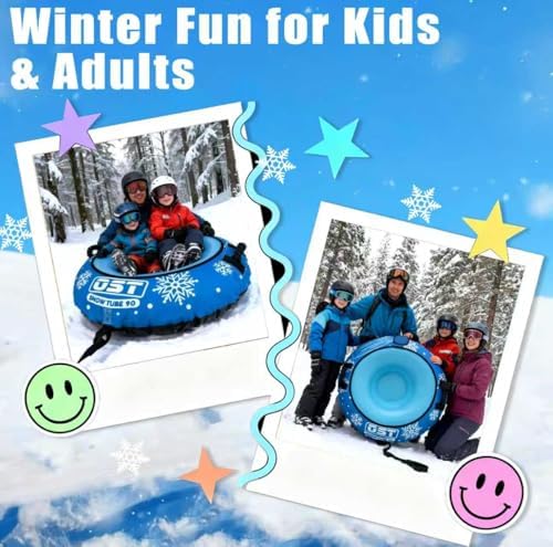 OST Inflatable Snow Tubes for Kids & Adults, Heavy Duty Snow Sled with Premium Canvas Cover, Smooth Bottom, Cold-Resistant PVC, Outdoor Sled Toys for Winter Fun