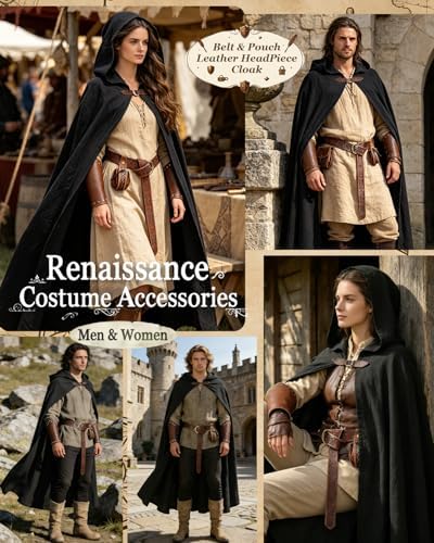 kasahara Renaissance Hooded Cloak Medieval Costume Accessories for Men Women Halloween Costume Cape Belt Pouch Bracers