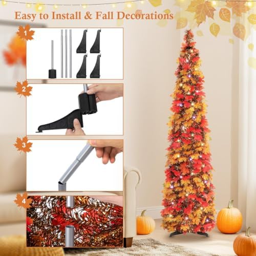 N&T NIETING Fall Tree Home Decor, 5FT Pop Up Tree with Lights & Timer & 8 Modes, Collapsible Tinsel Pencil Tree for Autumn Harvest Porch Thanksgiving Party Decorations, Fall Maple Leaves
