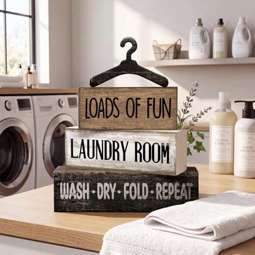 Moucuny 4 Pcs Laundry Room Decor Wooden Signs Rustic Farmhouse Block