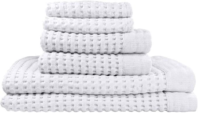 GILDEN TREE Waffle Towel Set Quick Dry Thin | 2 Bath Towels | 2 Hand Towels | 2 Washcloths, Modern Style (White)