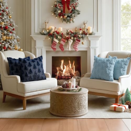MIULEE Christmas Throw Pillow Covers Blue Christmas Decorations Set of 2 Xmas Tree 18x18 Pillow Covers Soft Plush Faux Wool Pillowcases Holiday Festivals Winter Home Decor Sofa Couch Bed Porch