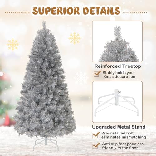 HAPPYGRILL 6 FT Pre-Lit Christmas Tree Silver Tinsel Artificial Xmas Tree with 553 Branch Tips, 230 Warm White LED Lights, Upgraded Metal Stand, Hinged Decoration Tree, Festive Celebration Tree