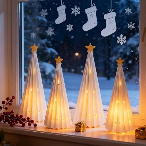 4PCS White Paper Christmas Trees 3D Christmas Tree Tabletop Centerpiece Decorations with Gold Star Tree Topper Light Up Vintage Table Centerpieces for Xmas Winter Wonderland Holiday Home Party