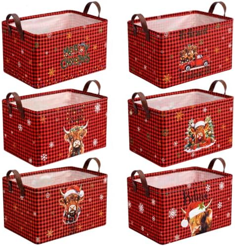 CHENGU 6 Pack Christmas Storage Basket Collapsible Christmas Basket for Gifts Highland Cow Holiday Decor Large Red Truck Bin Foldable Xmas Tree Box with Handle for Bedroom Office Home