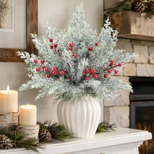 30 Pcs Artificial Christmas Snow Pine Branches Red Berry Stems Faux Sprigs