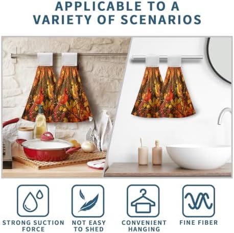 Fall Red Birds Hanging Kitchen Towels Autumn Thanksgiving Maple Leaves Hanging Tie Towels with Hanging Loop Soft Washcloth Bath Dish Towel for Bathroom Decor
