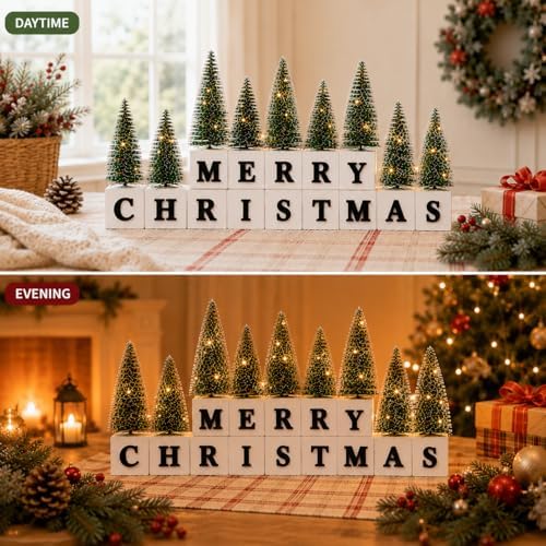 Merry Christmas Table Decor with Warm Lighted Mini Trees and 3D Letters