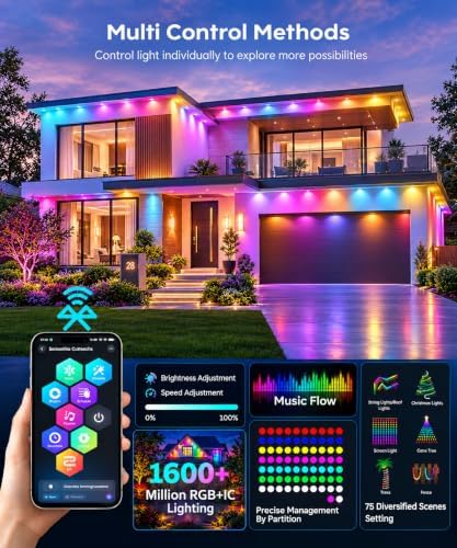 500Ft Permanent Outdoor Lights, RGB+IC Smart LED Eave Lighting with App/Remote Control,IP67 Waterproof,16 Million Colors,Scene Modes, DIY Music Sync, for Christmas, Holiday & Party Decor
