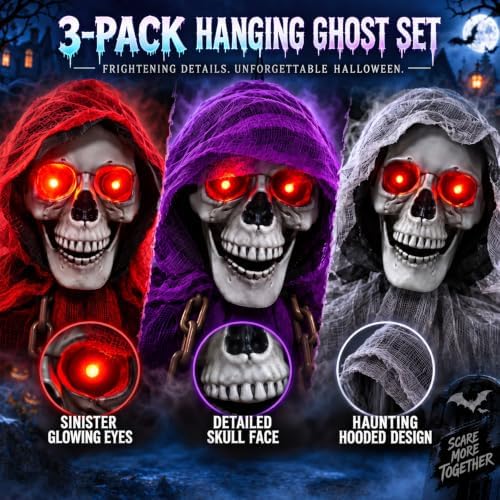 71" Halloween Hanging Skeleton Ghosts with Moving Grabbing Arm, Scary Sound & Glowing Red Eyes, 3 Pack Halloween Decorations Outdoor Flying Grim Reaper Set for Yard Porch Haunted House Props Décor