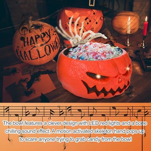 Chalyna Motion Activated Halloween Pumpkin Candy Bowl with Animated Hand
