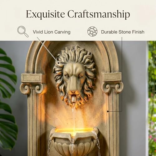 Tolevoit Majestic Lion Head Outdoor Water Fountain, 2-Tier Faux Bronze Floor Baroque Style with LED Lightswith LED Lights, Waterfall Fountains Fit Outside, Garden, Patio
