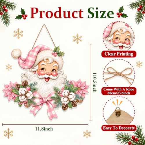 Christmas Decorations Pink Vintage Santa Hanging Wooden Sign for Front Door