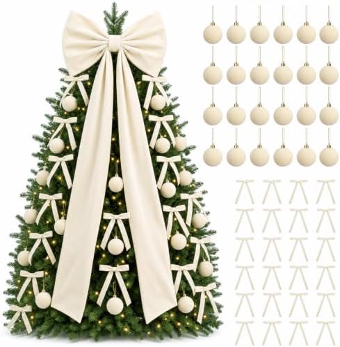 Knitgrip 49 Pcs Beige Christmas Tree Decoration Set with Velvet Bow Ball