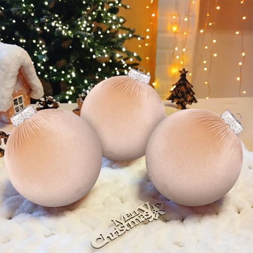 12 Pcs Jumbo Beige Velvet Christmas Balls Ornaments Bulk 6 Inch Extra Large Flocked Christmas Tree Ornaments Xmas Bulbs Decorations Giant Hanging for Outdoor Indoor Xmas Home Party