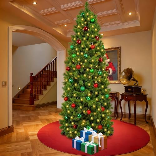 31 Pcs 6 Ft Artificial Slim Christmas Tree with 200 LED Warm White String Lights 30 Red Green Ball Ornaments Skinny Thin Pencil Tree with Metal Stand for Home Xmas Holiday Party Decoration