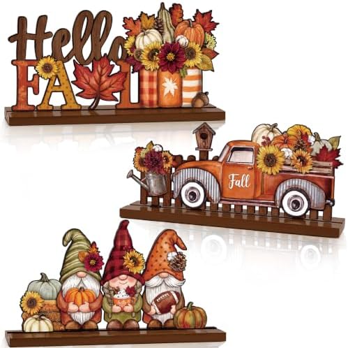 3 Pcs Fall Centerpieces for Tables, Wooden Autumn Decorations for Home