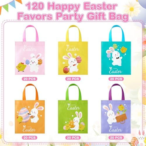 Sweetude 120 Pcs Easter Tote Bags Bulk with Handles Bunny Reusable Party Non Woven Treats Goodie Bags for Easter Party Supplies (Egg)