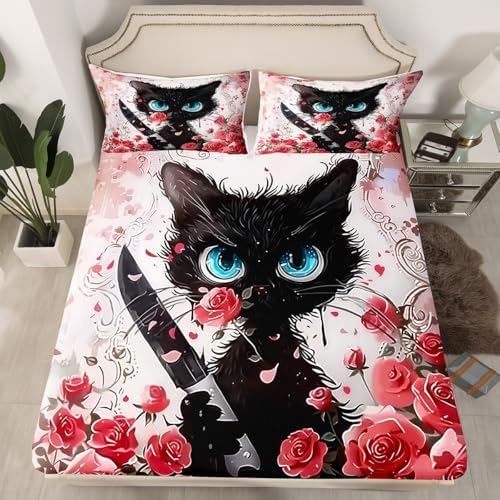 Black Cat Sheet Set,Kids Red Rose Bed Sheets Set,Cartoon Cat Bedding Set for Boys Teens Sheets Soft Room Decor Twin Size(1 Flat Sheet+1 Fitted Sheet+1 Pillowcase)