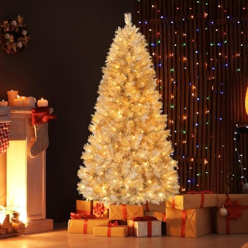 HAPPYGRILL 6 FT Pre-Lit Christmas Tree Silver Tinsel Artificial Xmas Tree with 553 Branch Tips, 230 Warm White LED Lights, Upgraded Metal Stand, Hinged Decoration Tree, Festive Celebration Tree
