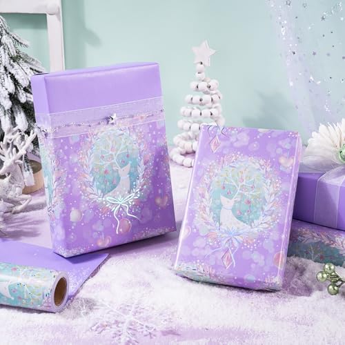 WRAPAHOLIC 30 Inch Jumbo Reversible Purple Christmas Wrapping Paper - 30 Inch x 100 Feet Jumbo Roll Purple Reindeer and Christmas Garland with with Metallic Foil Shine for Holiday, Party