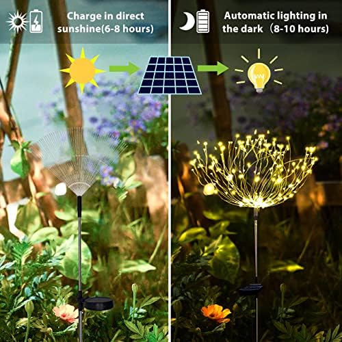 Solar Garden Firework Lights Outdoor Waterproof 2 Pack Solar Powered Art Stake Twinkle Lighting for Outside Decor, 120 LED Sparklers String Lights for Yard Party Decorations (Warm White)
