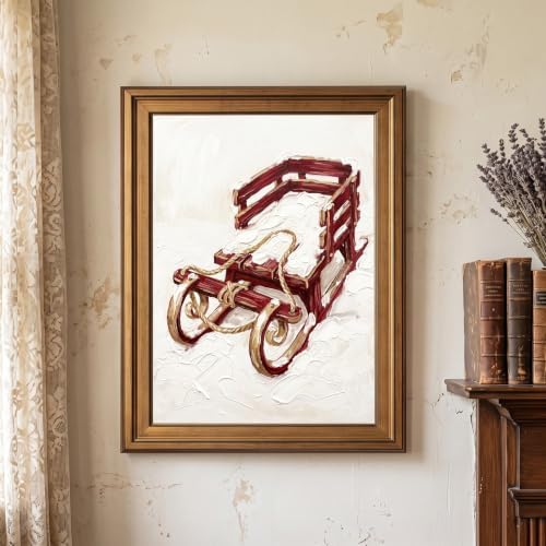 Framed Canvas Wall Art Painterly Rustic Sled Red Wood and White Snow Canvas Print Poster Gold Frame Wall Decor for Living Room Holiday Decoration, Cozy Home Art - Inch 12x16