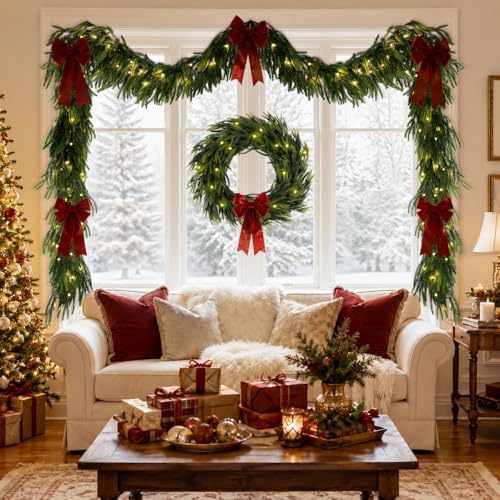 N&T NIETING 15FT Christmas Norfolk Pine Pre-Lit Garland with 125 LED Lights Real Touch Prelit Garland Christmas Greenery Garland for Table Mantle Fireplace Stairs Indoor Outdoor Xmas Decorations