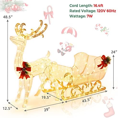Tangkula 6 FT Christmas Lighted Reindeer & Santa’s Sleigh Set, Warm White