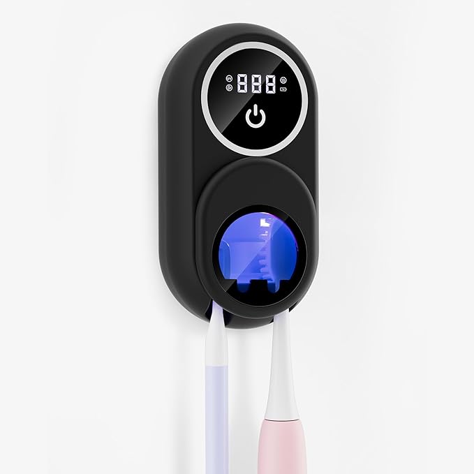 Toothbrush Holder & Toothbrush Cleaner, Fan & Heat Drying, LED Smart Screen, Wall Mounted Tooth Brush Holder for Bathrooms (White+Black)