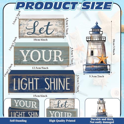 Lineshading 4 Pcs Lighthouse Coastal Decor Wooden Block Signs Rustic