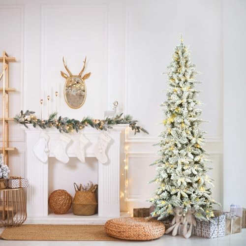 Fraser Hill Farm 7.5-Ft. Slim Mountain Pine Flocked Artificial Christmas Tree with Warm White LED Lights and Stand, Prelit Foldable Fake Tree with Realistic Snowy Foliage for Home Decoration