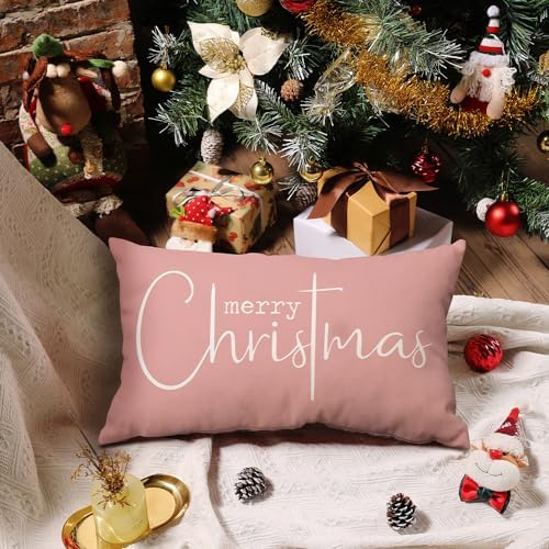 Allorry Christmas Pillow Covers Xmas Decorative Christmas Pink Cotton Cloth Linen Cloth Pillow Cover Sofa Cover Decorative Rectangle Length 12X20 inches