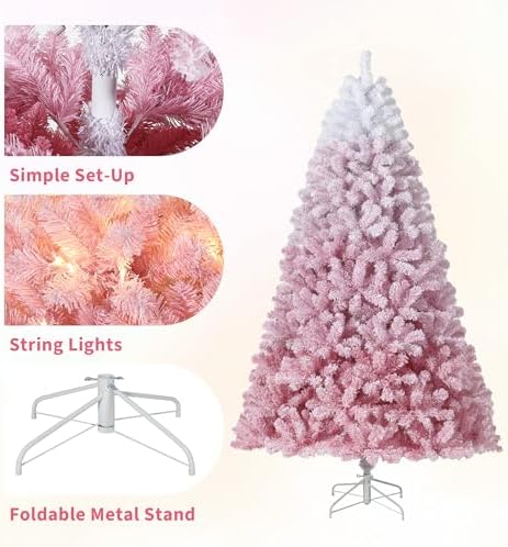 GarveeHome 6 ft Prelit Artificial Christmas Tree with 250 RGB & Warm White Lights, Pre-Lit Snow Flocked Christmas Tree, Foldable Base,Holiday Decoration for Home, Office, Party,Pink Gradient