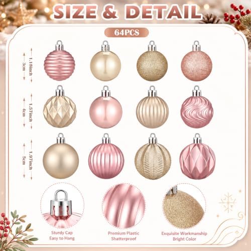 Lunmon 64 Pcs Blush Pink Champagne Gold Christmas Ornaments Xmas Bulbs