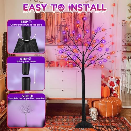 2 Pack 6FT Lighted Black Halloween Tree with 288 LED Orange & Purple Lights