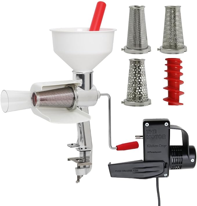Johnny Apple Sauce Maker, Tomato Sauce Maker, Salsa, Pumpkin Puree, Remove Skins & Seeds From Produce, Model 250 Clamp Based Food Strainer with Electric Motor (Strainer + Motor + Accessories)