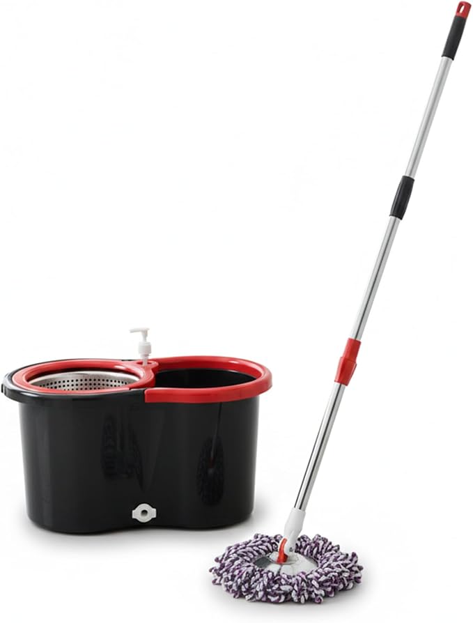 Spin Mop & Bucket Set with 2 Microfiber Mop Heads – Durable Stainless Steel & ABS Build – Black Red, Blue, Purple Colors – Bucket with 90–120cm Telescopic Handle