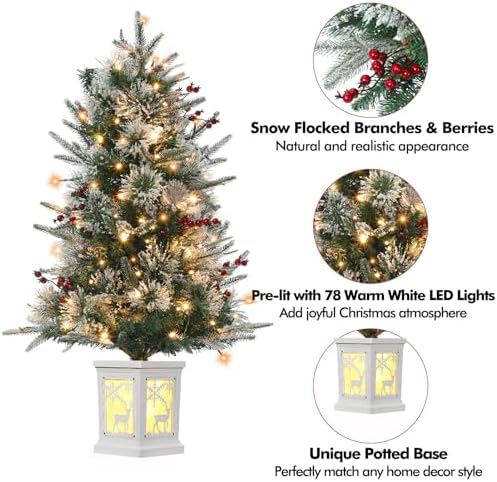 3FT Pre-Lit Artificial Mini Christmas Tree, Small Flocked Christmas Trees