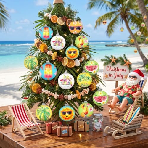 Outus 16 Pcs Summer Tree Ornaments Ball Hawaiian Style Ball Mini Summer Christmas Hanging Decoration for Tree Watermelon Tropical Leaf Coconut Palm Farmhouse Home Fireplace Holiday Party Decor