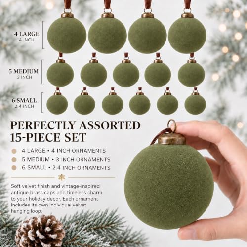Velvet Flocked Christmas Ornaments Set – Premium Shatterproof Christmas Ball Ornaments with Brass Metal Caps, Assorted Sizes for Christmas Tree, Holiday & Seasonal Home Décor (Green 15pcs)
